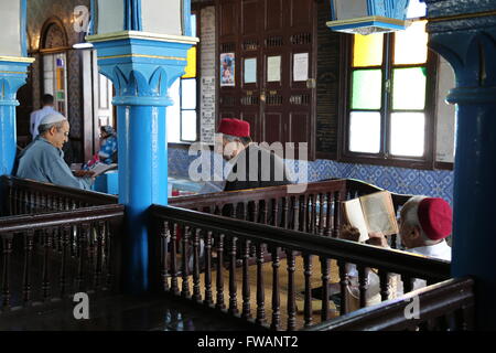 Tunisia : pellegrinaggio alla sinagoga di Ghriba - 16/05/2014 - Tunisia / Djerba / Djerba - Rabbi la lettura della Torah prima della Foto Stock