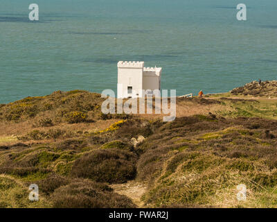 Elin's Tower RSPB Sud scogliere Stack Bird Reserve Information Center Isola di Anglesey North Wales una follia elencati sopra Sud scogliere di stack Foto Stock