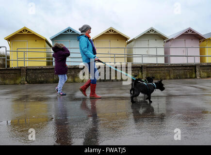 Fleetwood, nel Lancashire, Regno Unito. Il 2 aprile 2016. Aprile docce mettere un ammortizzatore sul weekend walkers a Fleetwood, nel Lancashire. Foto di Paolo Heyes, sabato 2 aprile 2016. Credito: Paolo Heyes/Alamy Live News Foto Stock