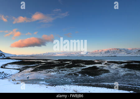 Alba sul congelati Hvalfjördur fiordo, capoluogo della regione, West Coast, Islanda, Hvalfjördur (Whale-fjord) Foto Stock