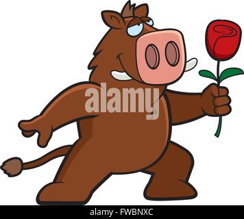 Un felice cartoon cinghiale con un fiore. Illustrazione Vettoriale