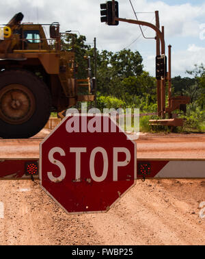 Grande segno di stop in attraversamento di barriera. Outback, Queensland, Australia Foto Stock