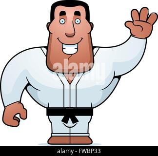 Un felice cartoon karate uomo gesticolando e sorridente. Illustrazione Vettoriale