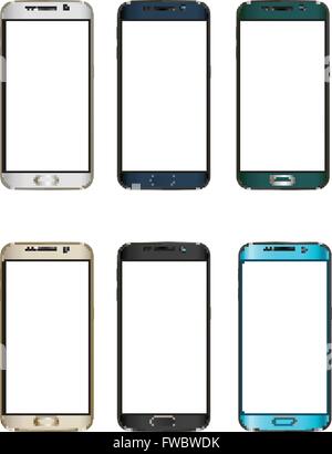 Gli smartphone realistico set. Illustrazione Vettoriale. Isolate il telefono cellulare con schermo bianco su bianco. Può essere usato per applicazione demo. Illustrazione Vettoriale