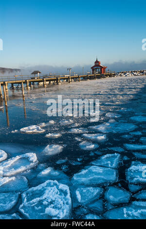 Forme di ghiaccio sul Lago Seneca al pubblico il dock in Watkins Glen,Schuyler Co,, NY Foto Stock