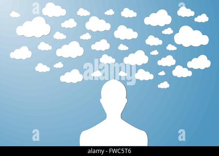 Silhouette corpo superiore dell'uomo. Sopra la sua testa è la quantità di differenti dimensioni delle nuvole bianche. Illustrazione Vettoriale