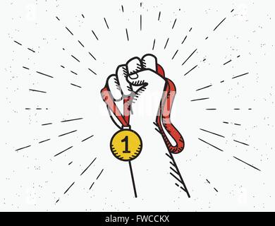 Vintage umana mano trattiene un nastro rosso con medaglia d' oro Illustrazione Vettoriale