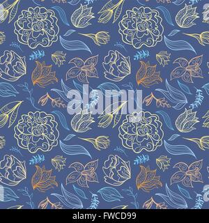Estate seamless texture con giallo, arancione e rosa doodle fiori Illustrazione Vettoriale