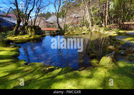 Ornamentali giardino Giapponese e ponte di legno a Daigoji tempio buddista a Kyoto, Giappone Foto Stock