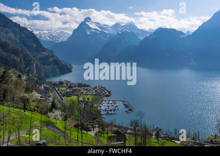 Sisikon, Svizzera; un villaggio situato sulla riva del lago di Lucerna, su una piccola striscia di terra tra il lago e le montagne. Foto Stock