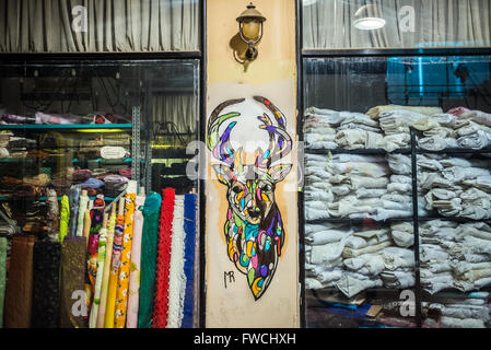 Deer graffiti su tessuti shop al Rambam Street a Tel Aviv city, Israele Foto Stock