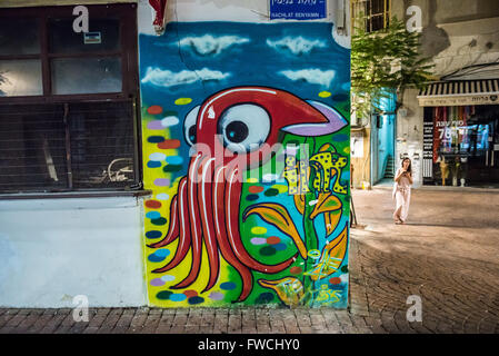 Il polpo graffiti a Mohiliver Street a Tel Aviv city, Israele Foto Stock