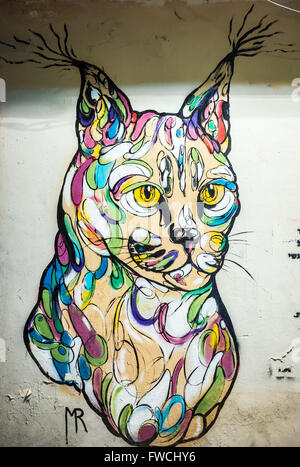 Gatto graffiti a Mohiliver Street a Tel Aviv city, Israele Foto Stock