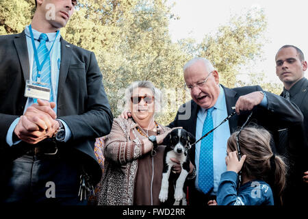 Gerusalemme, Israele. Il 4 aprile, 2016. Il Presidente dello Stato di Israele, REUVEN RIVLIN, e la First Lady, NECHAMA RIVLIN, ospite di una 'adottare un cane giorno' evento nel giardino della residenza del Presidente in partenariato con il popolo israeliano in materia di benessere degli animali organizzazione "Lasciate che gli animali vivi". Credito: Nir Alon/Alamy Live News Foto Stock