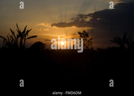 Lacekocot, distretto di Pader, Uganda. 2009. La sun red imposta oltre il paesaggio di capanne di fango e palme al Lacekocot sfollati interni nel campo di Pader, Uganda settentrionale. Foto Stock