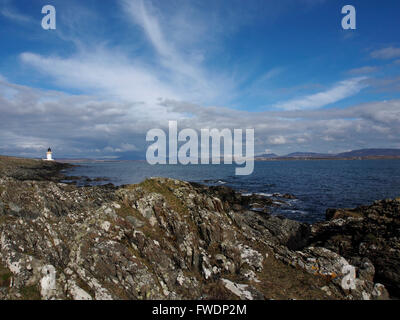 Luce della Sera sul faro, Rubh un Duin, Port Charlotte, Islay, Scozia Foto Stock