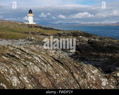 Luce della Sera sul faro, Rubh un Duin, Port Charlotte, Islay, Scozia Foto Stock