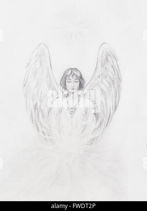 Disegno di angelo con bellissime ali su un foglio di carta. Foto Stock