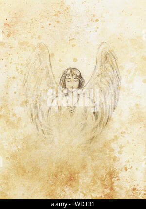 Disegno di angelo con bellissime ali su un foglio di carta. Foto Stock
