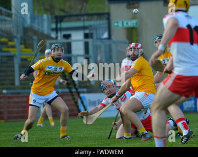 GAA National Hockey irlandese League, Derry v Antrim (in giallo), Celtic Park, Derry, Irlanda del Nord Foto Stock