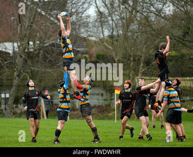 Irlanda del Nord le scuole partita di rugby tra Foyle College e grammatica di Antrim giocato in Londonderry, Irlanda del Nord Foto Stock