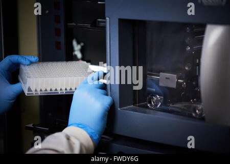 Piastra ben caricato nella macchina di testing analisi analizzatore di biologia per il trattamento del sangue test di fluidi Foto Stock