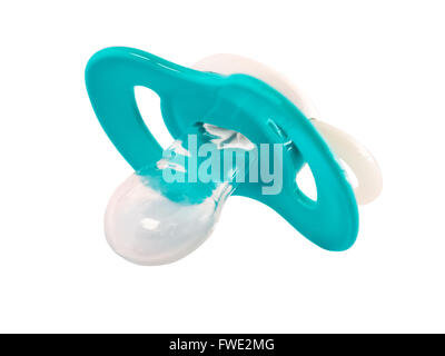 Blue baby silicone succhiotto, isolati su sfondo bianco Foto Stock