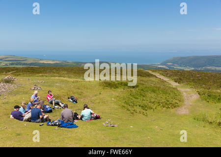 Gli scuotipaglia in appoggio con vista dalla collina Dunkery il punto più alto di Exmoor a Minehead Somerset England Regno Unito Foto Stock