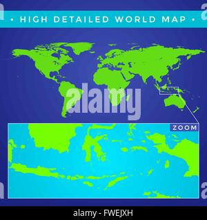 Vettore stile piatto di colore verde alta politica dettagliata mappa Mondo immagine sfondo blu Illustrazione Vettoriale