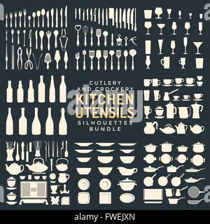 Vettore colore luce di vari utensili da cucina Posate stoviglie stoviglie e posate strumenti raccolta isolati su nero backgrou Illustrazione Vettoriale