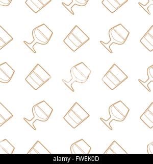 Vettore contorno oro whiskey cognac snifter vecchio bicchieri seamless pattern su sfondo bianco Illustrazione Vettoriale