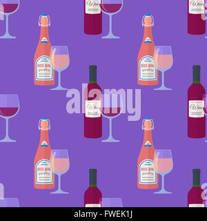 Vettore piatta colorata di rosa design frizzante e bottiglie di vino rosso bicchieri seamless pattern su sfondo viola Illustrazione Vettoriale
