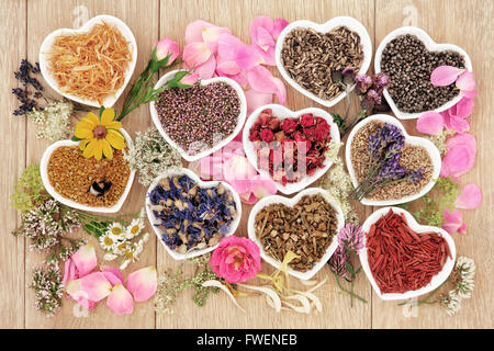 La guarigione di erbe e di selezione di fiori utilizzati in medicina di erbe in forma di cuore ciotole con grani di polline e miele delle api. Foto Stock
