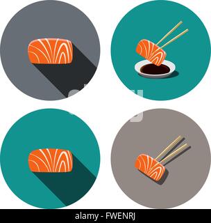 Set di sashimi icona di salmone in stile appartamento, oggetto vettore Illustrazione Vettoriale