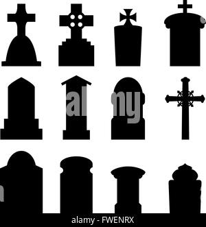 Set di lapide, headstone e silhouette contrassegnati per la rimozione definitiva in stile europeo. illustrazione vettoriale. Illustrazione Vettoriale