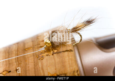 Isolato in uno studio con un sfondo bianco un Hares ear nymph in colori naturali è fotografato closeup contro il manico in sughero Foto Stock