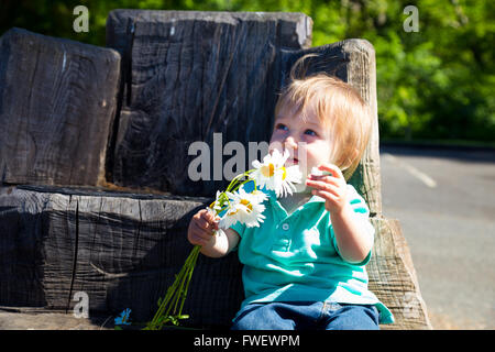 Un giovane ragazzo gioca con alcuni fiori seduti su un lato intagliato sedile realizzato a partire da un vecchio ceppo. Foto Stock