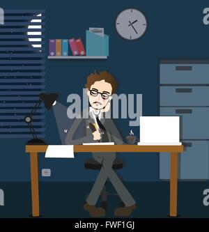 Uomo al lavoro di late night scadenza in ufficio da solo le ore di lavoro straordinario scuro una scrivania con lampada Illustrazione Vettoriale