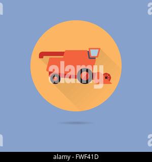 Macchina mietitrebbiatrice design piatto lungo ombra icona vettore in cerchio pastello su sfondo blu Illustrazione Vettoriale