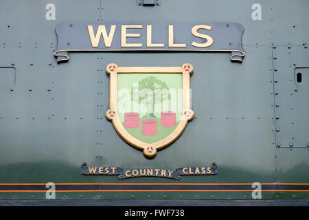 Targhetta locomotiva "Wells' West Country classe luce Bulleid pacifico. Foto Stock