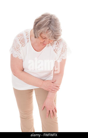 Senior donna soffre di artrosi. Tutto su sfondo bianco Foto Stock