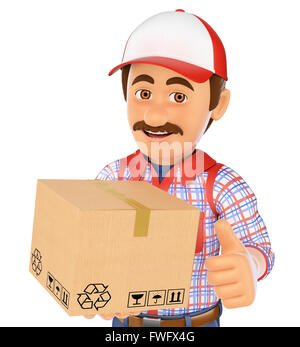 3d lavoro di persone. consegna uomo con una scatola isolati a sfondo bianco. Foto Stock