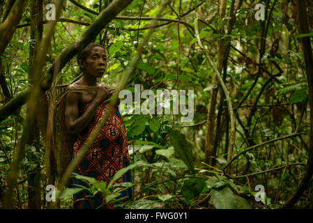 Pigmei Bayaka nella foresta pluviale Equatoriale, Repubblica Centrafricana, Africa Foto Stock