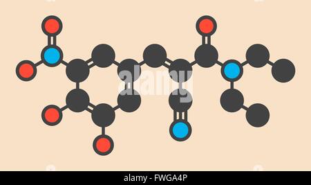 Entacapone morbo di Parkinson molecola di farmaco stilizzata di scheletro di formula (struttura chimica) atomi sono mostrati come codificati per colore Foto Stock