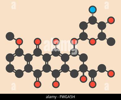 La doxorubicina chemioterapia cancro molecola di farmaco stilizzata di scheletro di formula (struttura chimica) atomi sono mostrati come codificati per colore Foto Stock