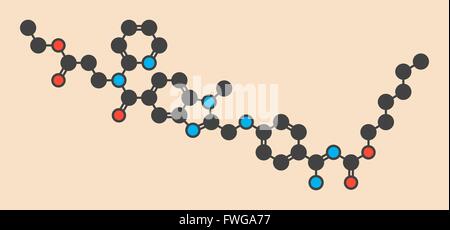 Dabigatran farmaco anticoagulante (diretto inibitore di trombina) molecola scheletro stilizzata (formula di struttura chimica) atomi sono Foto Stock