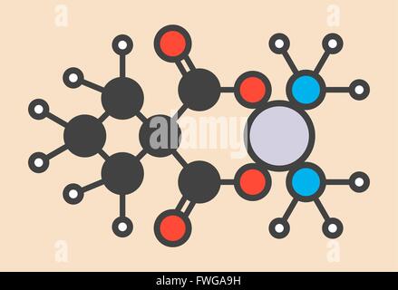 Carboplatino chemioterapia cancro molecola di farmaco stilizzata di scheletro di formula (struttura chimica) atomi sono mostrati come codificati per colore Foto Stock