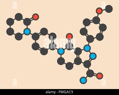 Apixaban farmaco anticoagulante molecola (diretto inibitore FXa) stilizzata di scheletro di formula (struttura chimica) atomi sono mostrati come Foto Stock