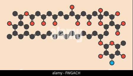 Anfotericina B farmaco antifungino molecola scheletro stilizzata (formula di struttura chimica) atomi sono mostrati come codificati per colore cerchi: Foto Stock
