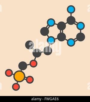 Il tenofovir HIV molecola di farmaco stilizzata di scheletro di formula (struttura chimica) atomi sono mostrati come codificati per colore cerchi: idrogeno Foto Stock